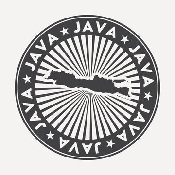 Java round logo. Vintage travel badge with the circular name and map of the island, vector illustration. Can be used as insignia, logotype, label, sticker or badge of Java.