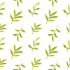 Watercolor green leaves seamless pattern. Spring greenery background for fabric print, textile, greeting cards, invitations.
