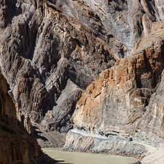 Road in Zanskar valley, Ladakh, India. Moto travel in North India. Road construction from Padum to Lamayuru.