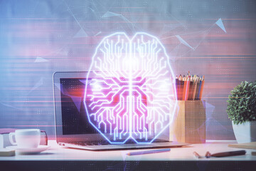 Double exposure of desktop computer and human brain drawing hologram. Ai concept.
