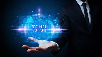 Man hand holding TECHNICAL SUPPORT inscription, technology concept