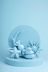 Creative winter layout made of bauble ornaments. Christmas or New Year season concept. Concept scene stage podium showcase, for product, promotion, sale, banner, presentation, cosmetic. Flat lay.