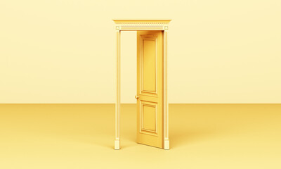 The yellow classic style door is open on a yellow background 3d rendering.