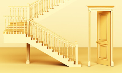 The yellow classic styled door is open and the stairs are on a yellow background 3d rendering