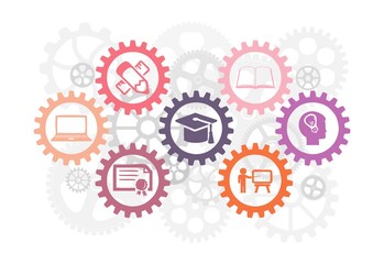 An education concept with gears, related with university and work, industrial education, clipart, education related illustration, graduation, diploma