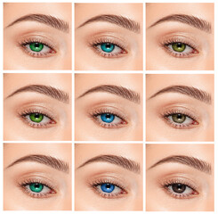 Close up, collage of eyes with different color, green, gray and blue color shade on color contact lenses on human eye