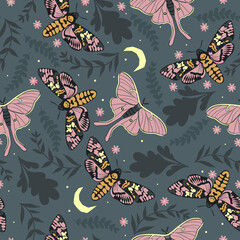 Seamless pattern with leaves and moths.Vector graphics