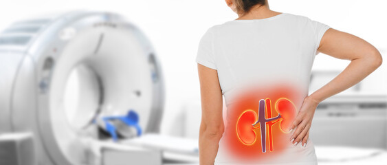 Medicine poster for CT scan kidney. Woman with kidney pain standing near a tomography machine