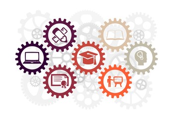 An education concept with gears, related with university and work, industrial education, clipart, education related illustration, graduation, diploma