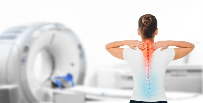 Medicine poster for CT scan human spine. Woman with pain in cervical spine standing near a tomography machine