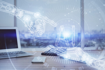 Double exposure of desktop computer and technology theme hologram. Concept of software development.
