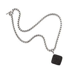 Women`s steel necklace and pendant with square black volcanic lava stone