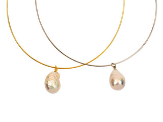 Two female white baroque pearl pendants with necklaces on white background