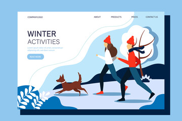 Man and woman running with the dog in the park. Concept illustration of an active lifestyle, outdoor recreation. Vector winter illustration in a flat style.