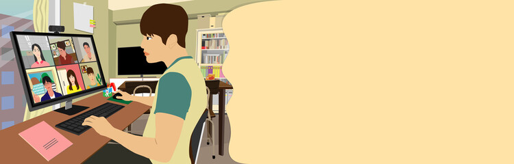 Online meeting, Video conference, work from home job, home, telework, live, web banner, web header, footer, flier, blue, frame, copy space, vector illustration, graphic, web camera, landscape,