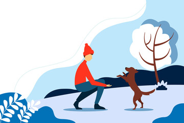 Man playing with a dog in the Park. Concept illustration of outdoor recreation. Winter illustration in flat style.