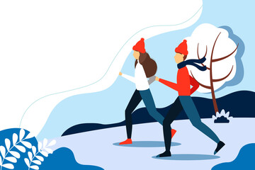 Man and woman running in the Park. Cute winter vector illustration in flat style. 