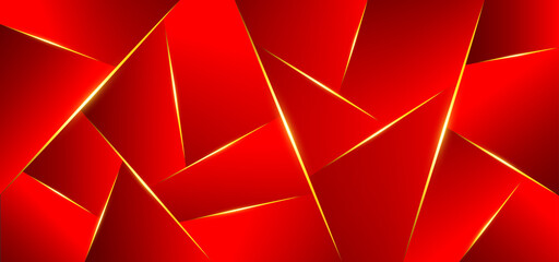 Abstract background with red polygon triangles shape and golden line, golden lighting effect luxury style. Vector illustration