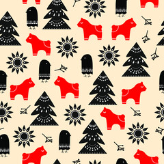 Cute christmas seamless pattern with christmas tree, christmas toy, snowflakes and ornamentals