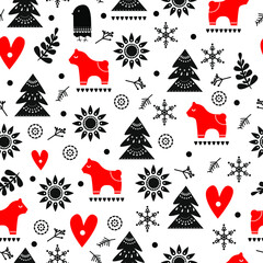 Cute christmas seamless pattern with christmas tree, christmas toy, snowflakes and ornamentals