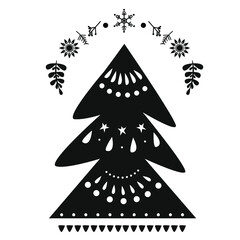 Festive christmas round ornamental illustration of an christmas tree with winter hand drawn set