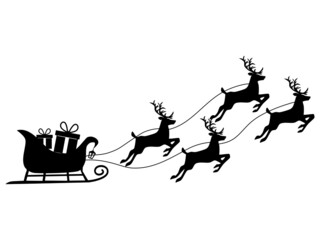  Gift box silhouette on a reindeer sleigh. Isolated on white background. Vector illustration