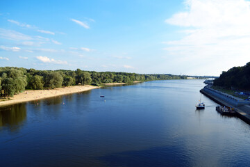 Nature of Belarus. River Sozh with the beach in central park of Gomel in summer season.