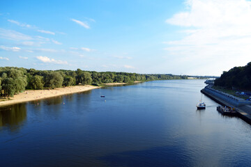 Fototapeta premium Nature of Belarus. River Sozh with the beach in central park of Gomel in summer season.
