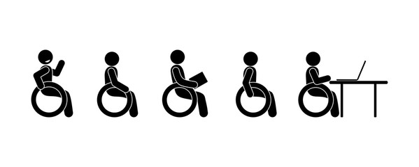 person sitting in wheelchair, different and poses of people, isolated stick figure pictograms, person with disability icon
