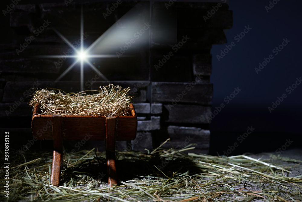 Poster Birth of Jesus. Christmas nativity scene. Manager and star.