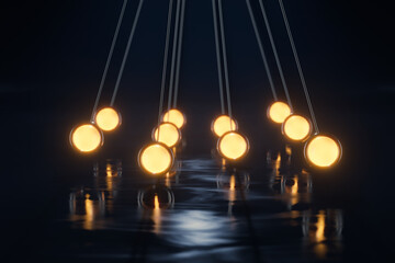 Glowing pendulums in dark space. Science concept. 3d rendering - illustration.