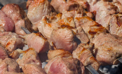 closeup frying meet on a grill, outdoor camping cooking background