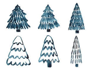 Watercolor winter fir trees isolated design elements. Hand drawn Christmas illustration for greeting cards, invitations, winter holiday party  decor and other.