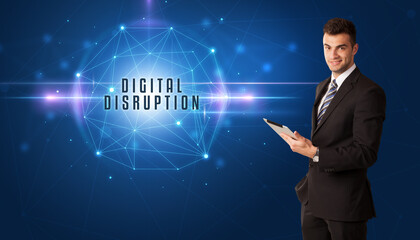 Businessman thinking about security solutions with DIGITAL DISRUPTION inscription