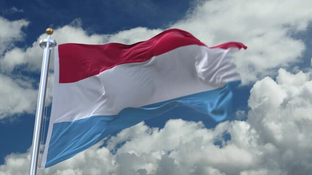 4k looping flag of Luxembourg with flagpole waving in wind;timelapse rolling clouds background.A fully digital rendering.