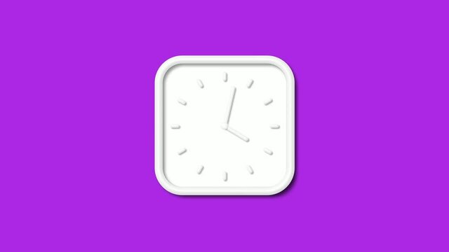 Amazing white color square 12 hours 3d wall clock isolated on purple background