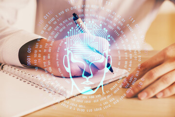 Man with multi exposure atificial intelligence brain icons.
