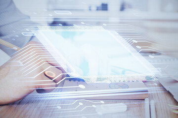 Writing human hands with data theme multi exposure icons.