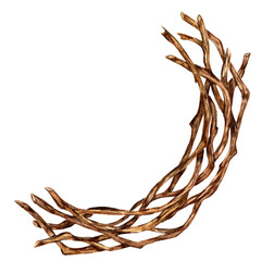 Branches tied in a wreath for Christmas and New Year's decor. Watercolor illustration of a fragment of a wreath of twigs for decoration of the holidays. Isolated on white background. Drawn by hand.