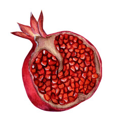 Half a pomegranate. Watercolor illustration of a pomegranate with grains. Juicy, ripe, sweet pomegranate isolated on a white background. Drawn by hand.