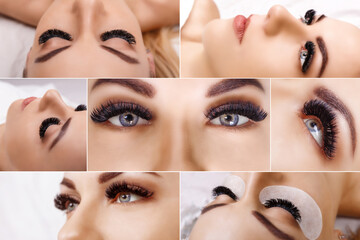 Eyelash extension procedure. Beautiful Woman with long lashes in a beauty salon. Collage. - 390815972