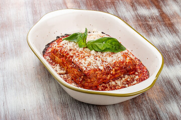 Lasagna. Traditional Italian dish. With minced meat and parmesan