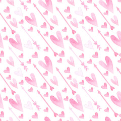 Seamless pattern with pink watercolor hand drawn hearts and cupid's arrows. Valentines Day illustration for your design. Romantic love background.