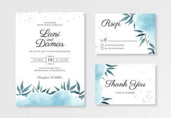 watercolor splash and leaves for a wedding invitation card template