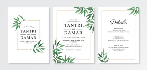 wedding invitation card template with watercolor foliage