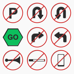 Set of road signs, vector illustration isolated on white background. Traffic sign concept in different shapes and forms.