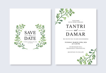 wedding invitation template with watercolor leaves
