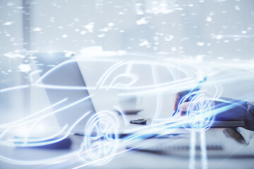 Automobile theme drawing with businessman working on computer on background. Autopilot taxi concept. Multi exposure.