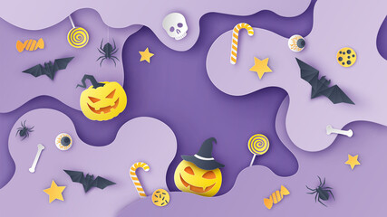 Layered paper cut curved shapes with items decorated for Halloween festival and blank space. Graphic design for Halloween. paper cut and craft style. vector, illustration.