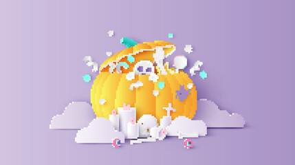 Illustration of pumpkin shape box opened decorated with items for Halloween celebration. Graphic design for Halloween. paper cut and craft style. vector, illustration.